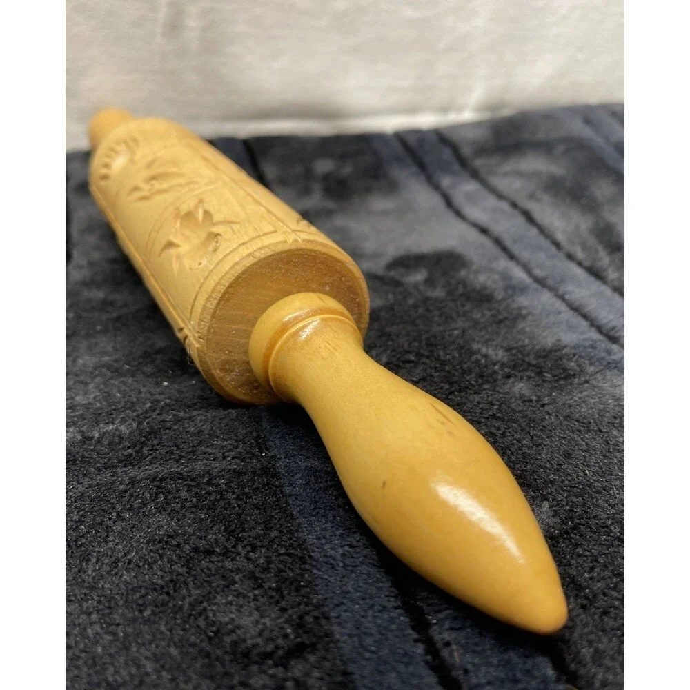 Vintage Carved Wooden Dough Rolling Pin Springerle Cookie Press 14